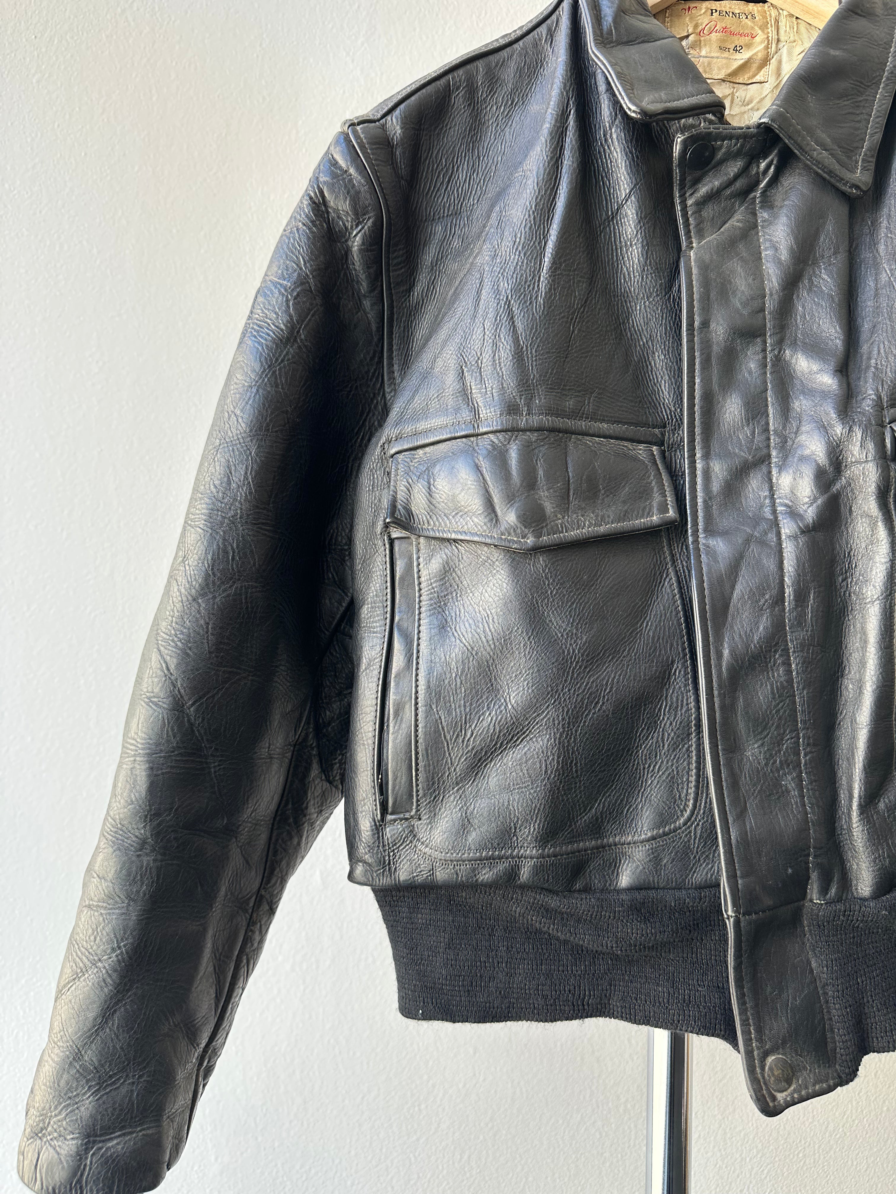 Vintage 1950s Penney’s Black Bomber Leather Jacket - size M/L