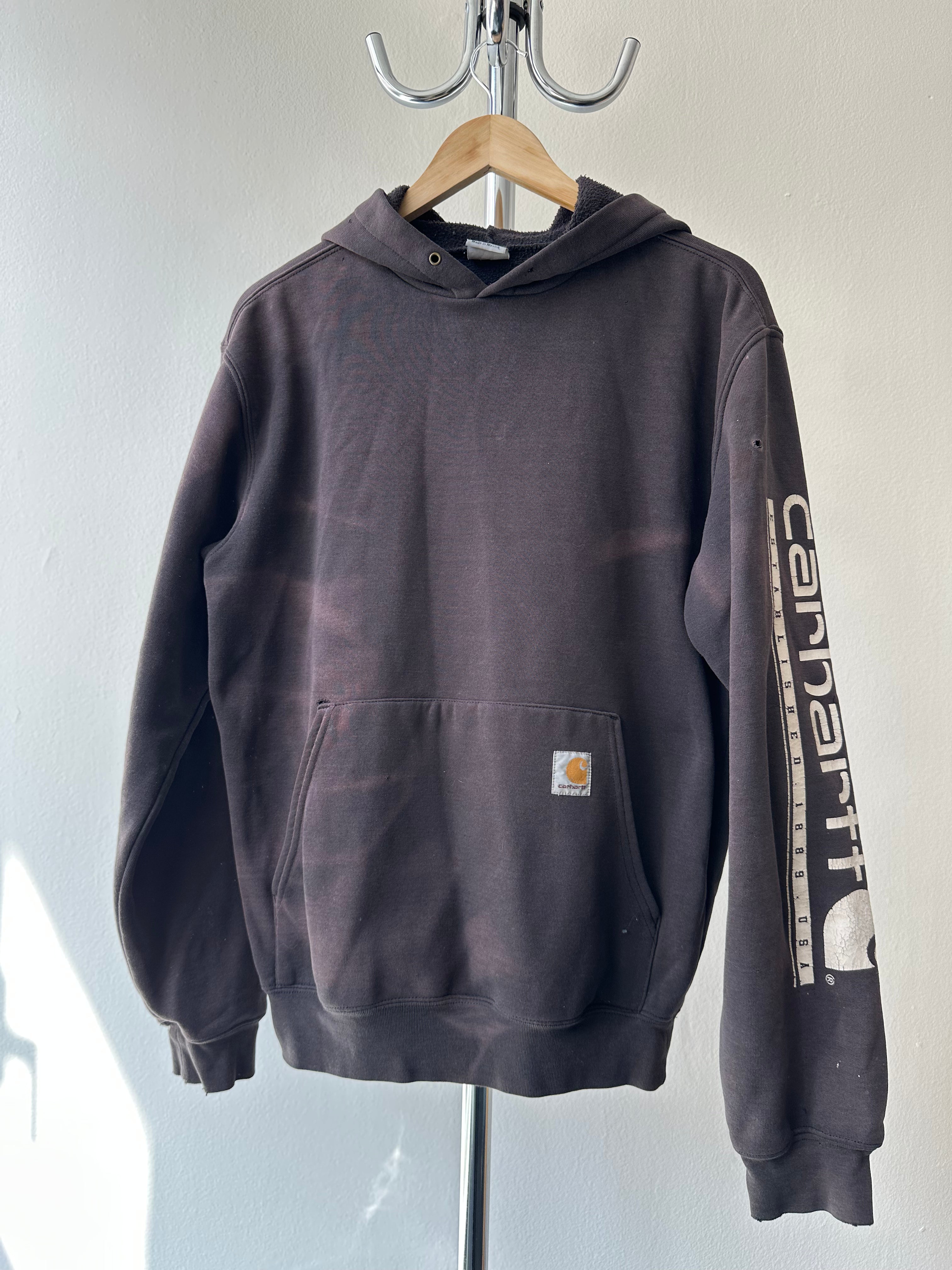 Vintage 1990s Carhartt Hoodie – Spellout Sleeve (Sun Faded, Distressed) - size S/M