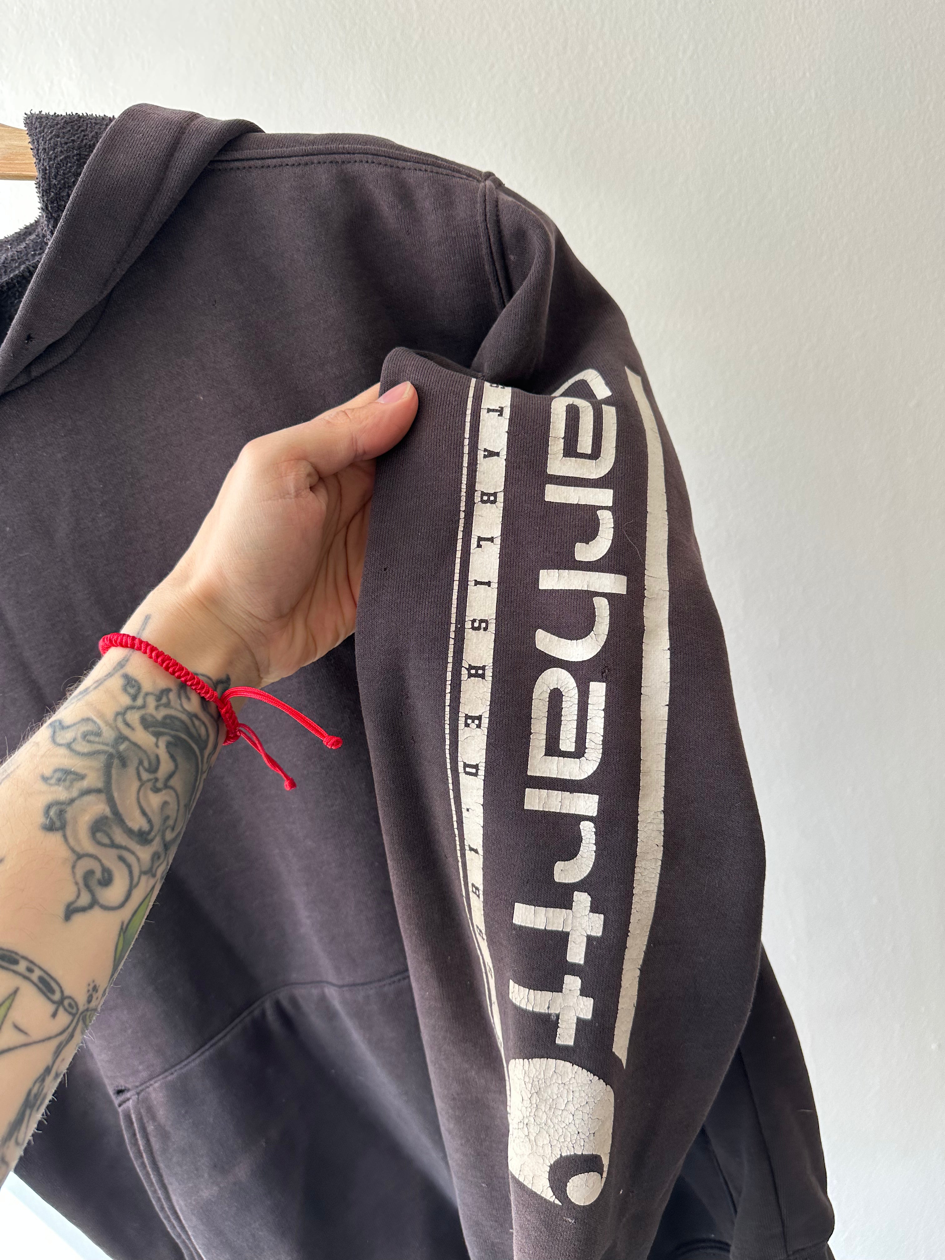 Vintage 1990s Carhartt Hoodie – Spellout Sleeve (Sun Faded, Distressed) - size S/M