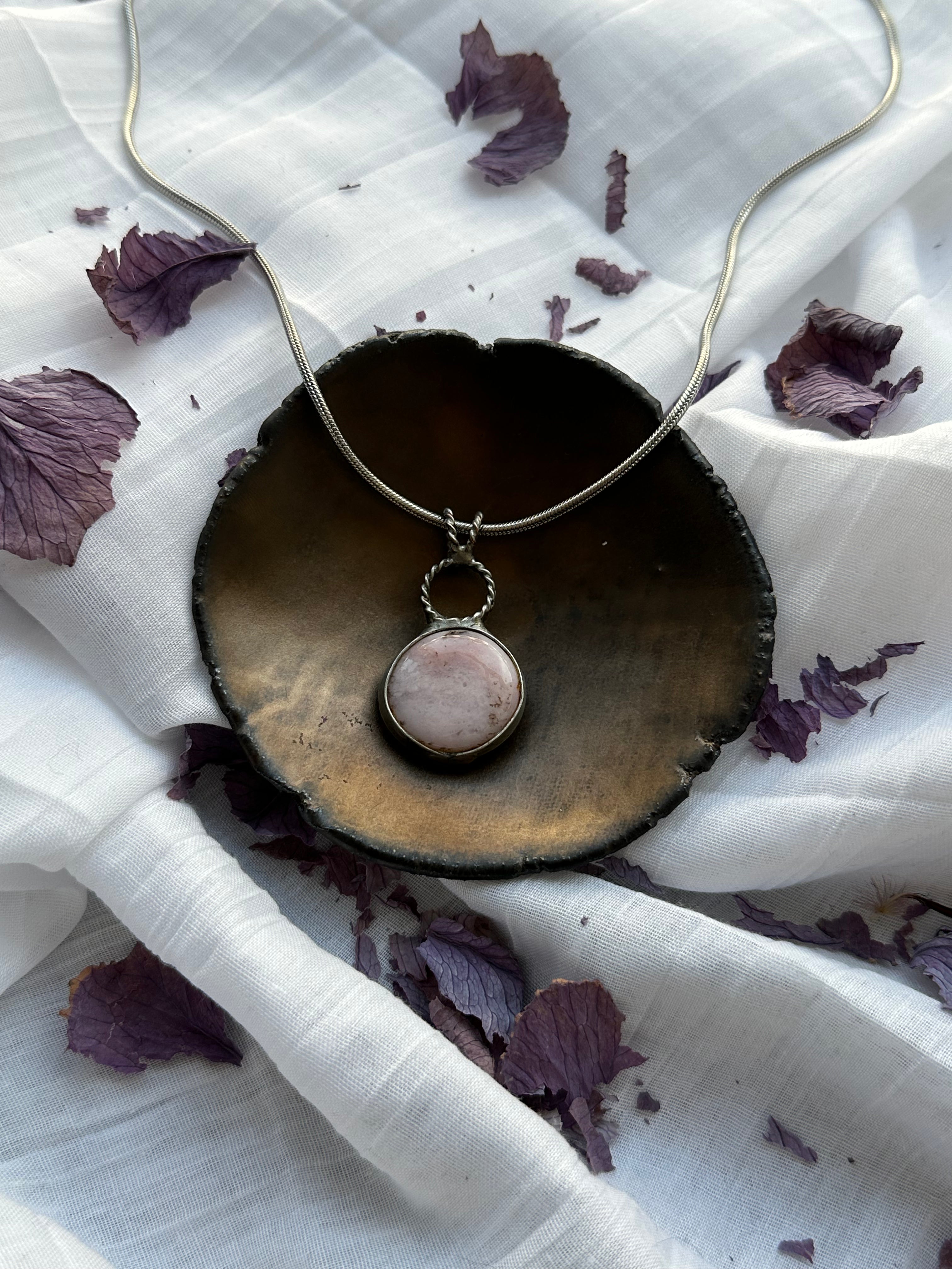 "She Sleeps in Rosewater" - Mangano Calcite Pendant by Laura Řezaninová
