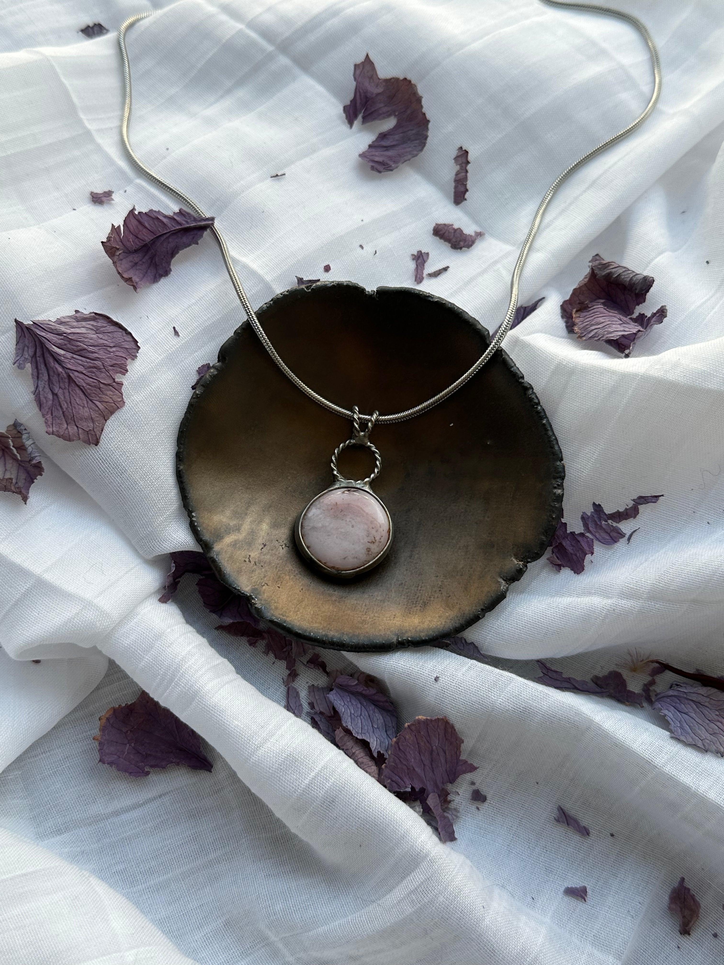 "She Sleeps in Rosewater" - Mangano Calcite Pendant by Laura Řezaninová
